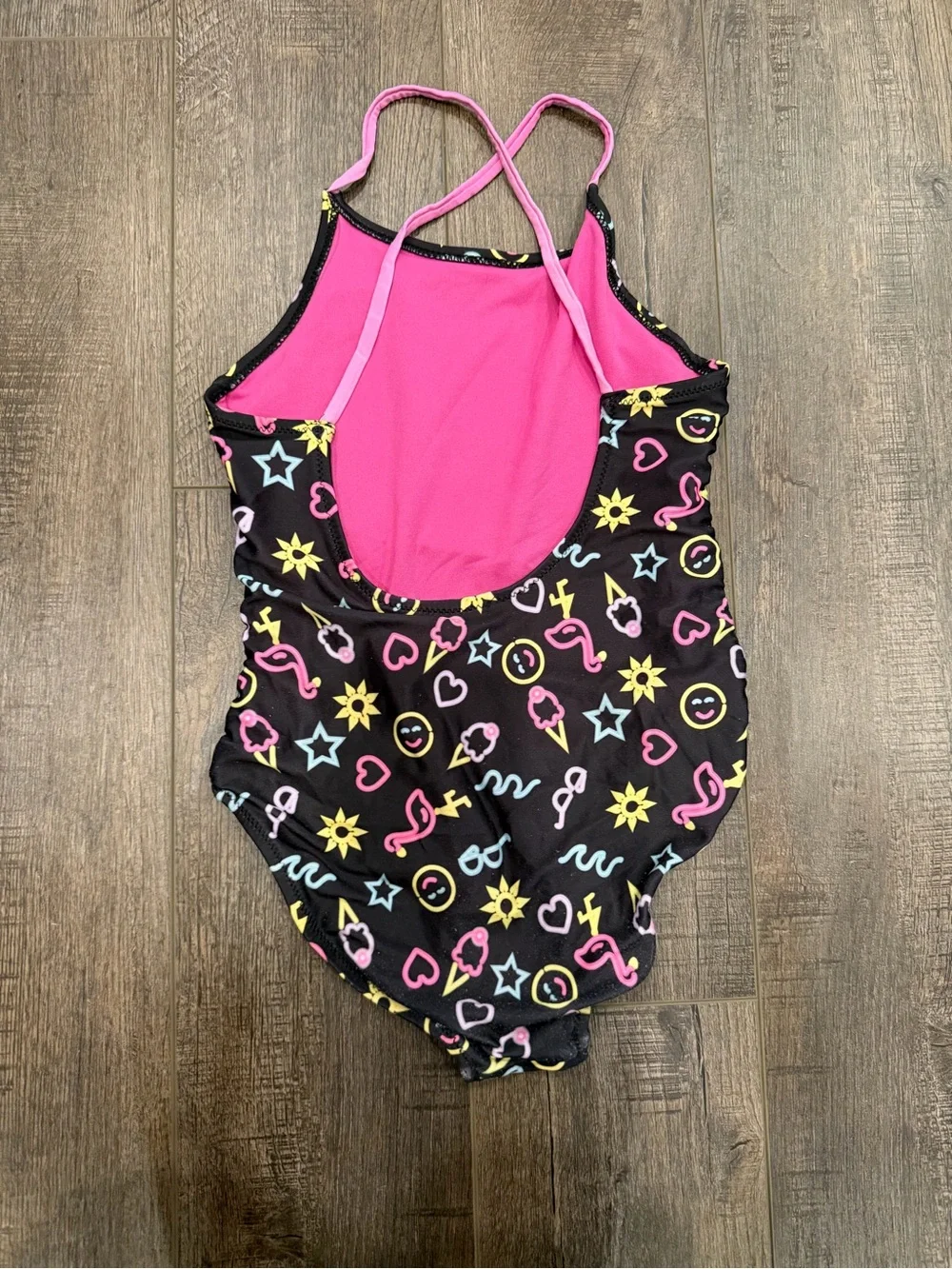 Girls Black Neon Print One Piece Swimsuit – Approx. Size 7/8 Medium